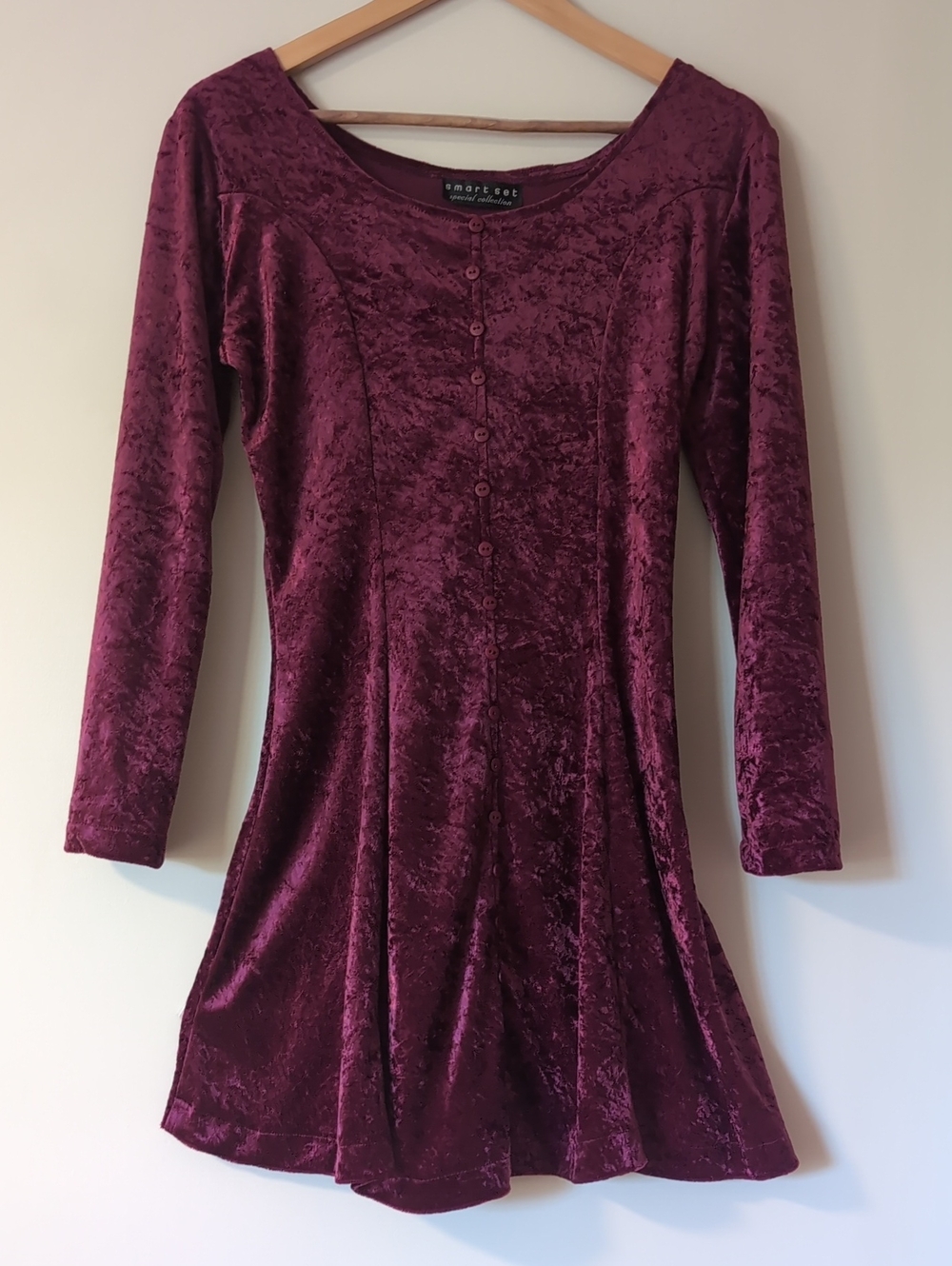 Vintage 90s Long Sleeve Maroon Crushed Velvet Corset Back Skater Dress Mini S